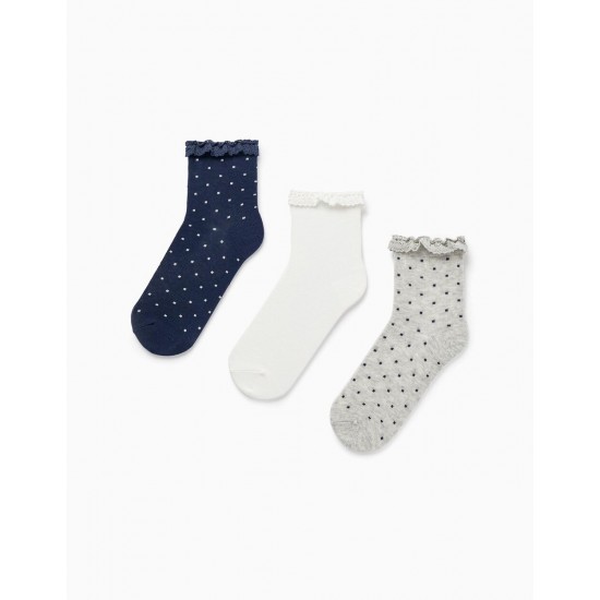 PACK 3 PAIRS OF LACE SOCKS FOR GIRLS, GREY/WHITE/DARK BLUE