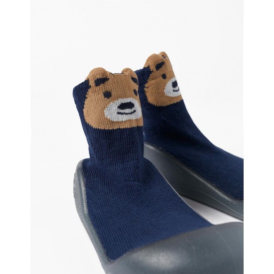 STEPPIES BABY BOY 'TEDDY BEAR' RUBBER SOLE SOCKS, DARK BLUE
