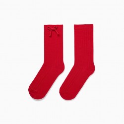 RIBBED HIGH SOCKS WITH DECORATIVE BOW FOR GIRLS, RED