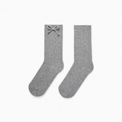 RIBBED HIGH SOCKS WITH DECORATIVE BOW FOR GIRLS, GRAY
