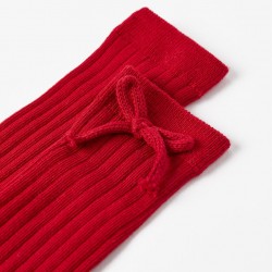 RIBBED HIGH SOCKS WITH DECORATIVE BOW FOR GIRLS, RED