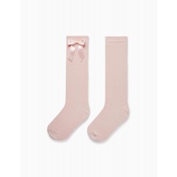 PLAIN HIGH SOCKS WITH DECORATIVE BOW FOR GIRLS, PINK
