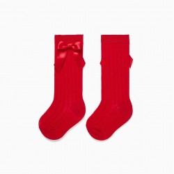 RIBBED HIGH SOCKS WITH BOW FOR BABY GIRL, RED