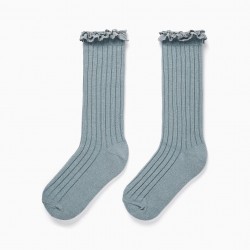RIBBED HIGH SOCKS WITH LACE FOR GIRLS, BLUE