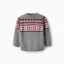 JACQUARD KNITTED SWEATER FOR BABY BOYS, GRAY