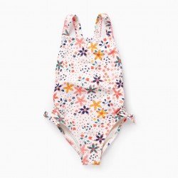 UPF80 SWIMSUIT WITH FLORAL MOTIF FOR GIRLS, WHITE/PINK
