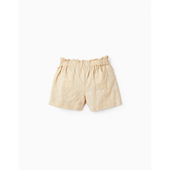COTTON AND LINEN FLOWER SHORTS FOR GIRLS, BEIGE