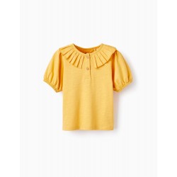 COTTON T-SHIRT WITH PLEATED COLLAR FOR BABY GIRL, YELLOW