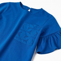 SHORT SLEEVE T-SHIRT WITH EMBROIDERED POCKET FOR GIRL, BLUE