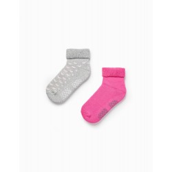 PACK 2 PAIRS OF THICK NON-SLIP SOCKS FOR GIRLS, GREY/PINK