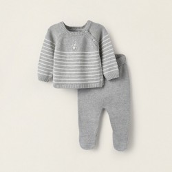 KNITTED SWEATER + FOOT TROUSERS FOR NEWBORN, WHITE/GREY