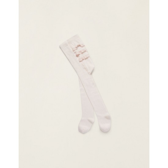 RUFFLED TIGHTS WITH ENGLISH EMBROIDERY FOR BABY GIRLS, LIGHT PINK