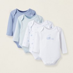 PACK 4 BODYSUITS FOR BABY AND NEWBORN 'TRAINS', BLUE/WHITE