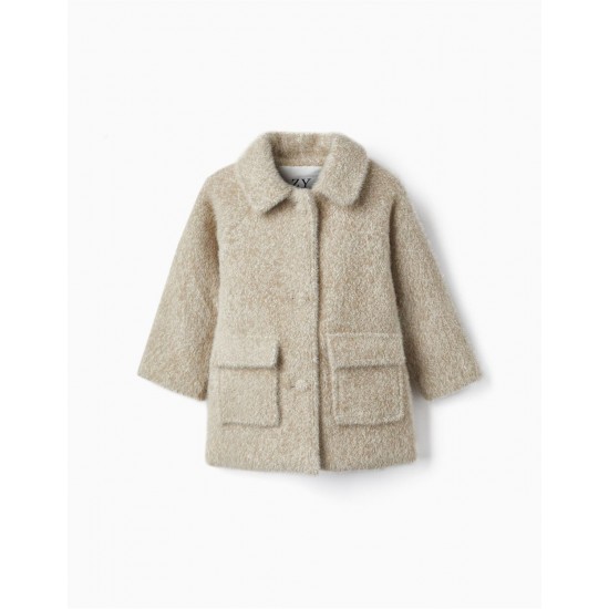 FUR JACKET WITH POCKETS FOR BABY GIRL, LIGHT BEIGE