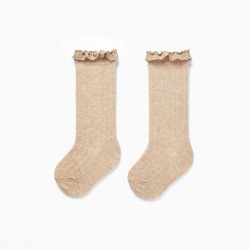 RIBBED HIGH STOCKINGS WITH LACE FOR BABY GIRL, BEIGE