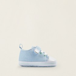 FABRIC & LEATHER SNEAKERS FOR NEWBORNS, LIGHT BLUE