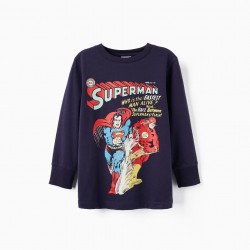BOYS' COTTON T-SHIRT 'SUPERMAN & FLASH - DC', DARK BLUE