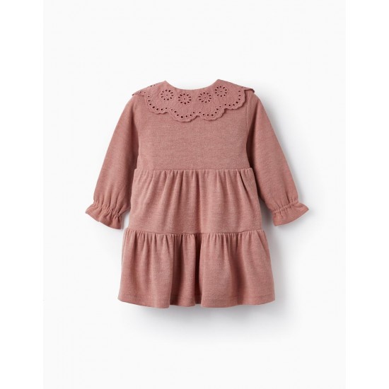 KNITTED DRESS WITH COLLAR IN ENGLISH EMBROIDERY FOR BABY GIRL, PINK