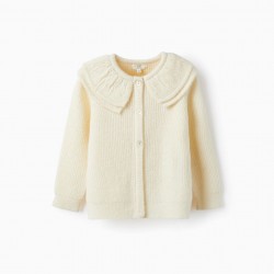 KNITTED COAT WITH DOUBLE COLLAR FOR GIRLS, WHITE