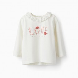 T-SHIRT WITH 3D PETALS AND FRILL FOR BABY GIRL, WHITE