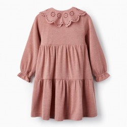 MESH DRESS WITH COLLAR IN ENGLISH EMBROIDERY FOR GIRLS, PINK