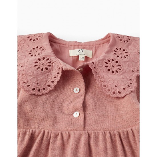 KNITTED DRESS WITH COLLAR IN ENGLISH EMBROIDERY FOR BABY GIRL, PINK