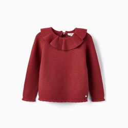 KNITTED SWEATER WITH FRILL FOR GIRLS, DARK RED