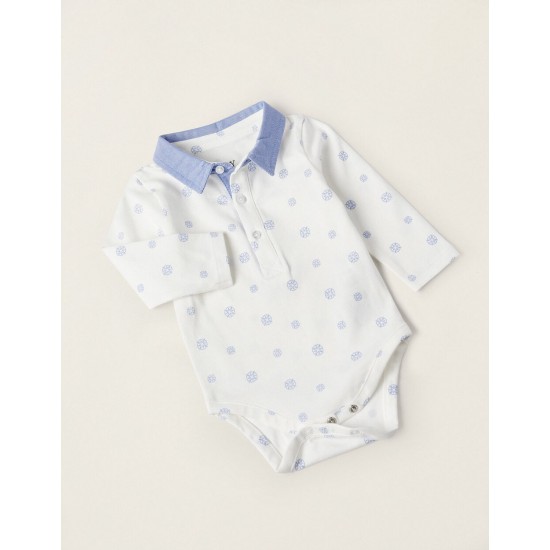 BODY-POLO + PANTS WITH REMOVABLE STRAPS FOR NEWBORN, WHITE/BLUE/BEIGE