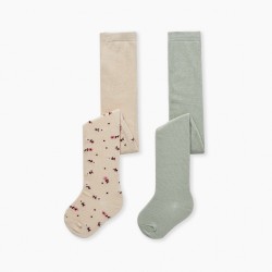 PACK 2 MESH TIGHTS FOR BABY GIRL, BEIGE/GREEN