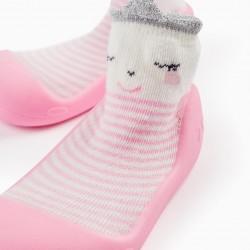 STEPPIES SOCK SLIPPERS FOR BABY GIRL 'PRINCESS', WHITE/PINK