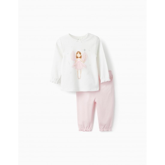 COTTON INTERLOCK PAJAMAS WITH TULLE FOR BABY GIRL 'FAIRY', WHITE/PINK