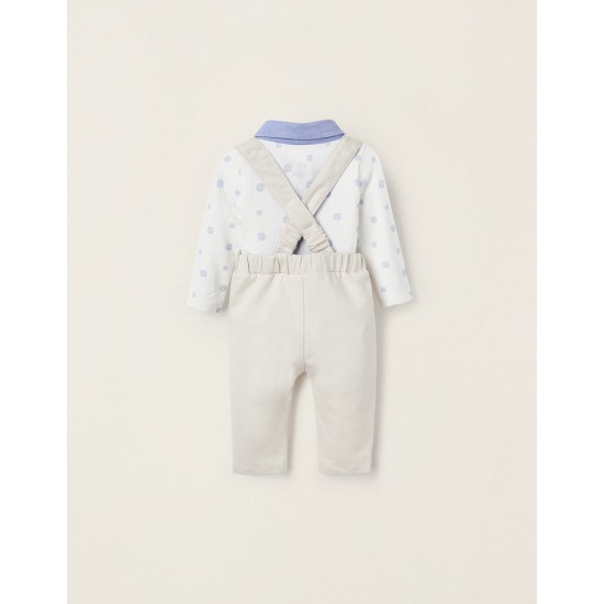 BODY-POLO + PANTS WITH REMOVABLE STRAPS FOR NEWBORN, WHITE/BLUE/BEIGE
