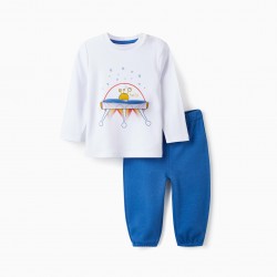 COTTON PAJAMAS WITH 3D EFFECT FOR BABY BOY 'SPACESHIP', WHITE/BLUE