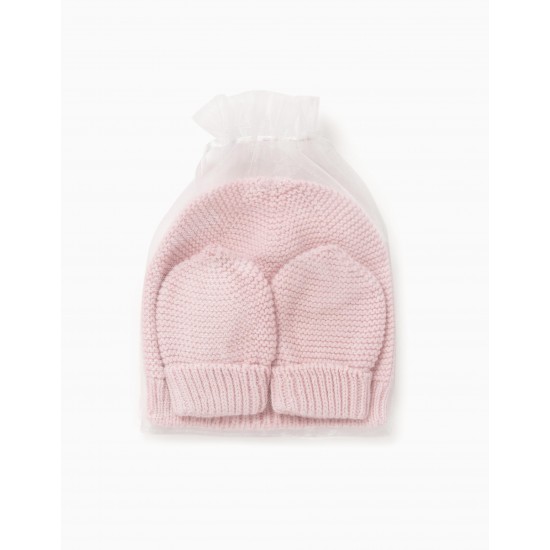 KNITTED HAT + GLOVES FOR BABY GIRL, PINK