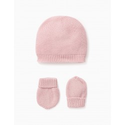 KNITTED HAT + GLOVES FOR BABY GIRL, PINK