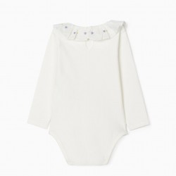 BABY GIRL BODYSUIT WITH EMBROIDERED COLLAR, WHITE