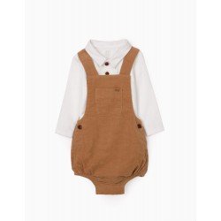 BOMBAZ JUMPSUIT AND BODY SET FOR NEWBORN, CAMEL/WHITE