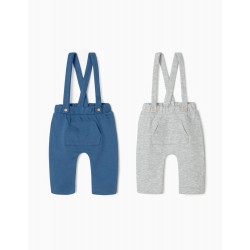 2 NEWBORN TROUSERS WITH STRAPS, GREY/BLUE