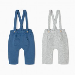 2 NEWBORN TROUSERS WITH STRAPS, GREY/BLUE