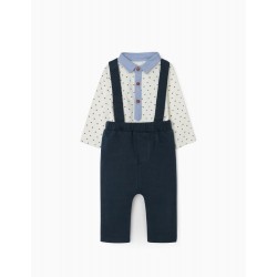 TROUSERS WITH STRAPS AND BODYSUIT FOR NEWBORN, BLUE/WHITE