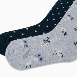 2 'FLOWERS & DOTS' GIRL'S KNITTED TIGHTS, GREY/DARK BLUE