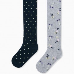 2 'FLOWERS & DOTS' GIRL'S KNITTED TIGHTS, GREY/DARK BLUE
