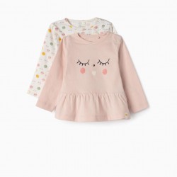 2 LONG SLEEVE T-SHIRTS FOR NEWBORN 'SLEEP', PINK AND WHITE