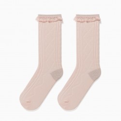  HIGH SOCKS WITH LACE FOR GIRLS, LIGHT PINK