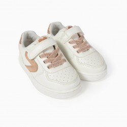 'ZY GIRL' BABY SHOES, WHITE AND BRONZE