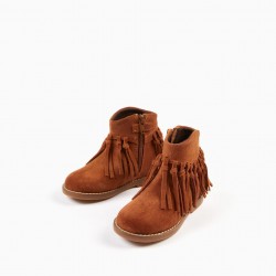 SUEDE SKIN BOOTS WITH BABY GIRL FRINGES, CAMEL