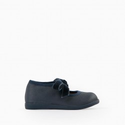 SHINY FLATS WITH VELVET LACE FOR BABY GIRL, DARK BLUE