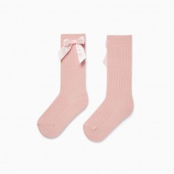 HIGH STOCKINGS WITH SATIN LACE FOR BABY GIRL, PINK