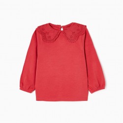 T-SHIRT WITH EMBROIDERED COLLAR ENGLISH FOR BABY GIRL, RED