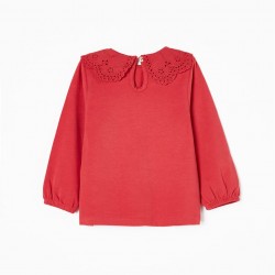 T-SHIRT WITH EMBROIDERED COLLAR ENGLISH FOR BABY GIRL, RED